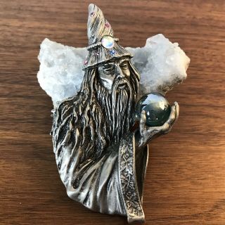 Jj Jonette Jewelry Pewter Wizard & Crystal Ball Pin Brooch 4 " X 2 - 1/4” Vintage.