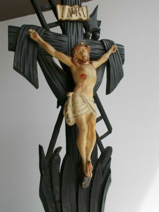Antique Black Forest Carved Wood Plaster Jesus Christ Cross Crucifix 19t Century