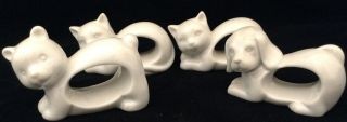 Vtg Set Of 4 White Porcelain Animal Napkin Rings 2 Cats 1 Puppy Dog 1 Bear Japan