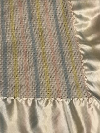 Vtg Chatham Waffle Weave Baby Blanket Pink Blue Yellow Pastel Stripe Satin Trim