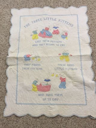 Vtg Homemade Baby Quilt 32” X 43” Three Little Kittens Applique