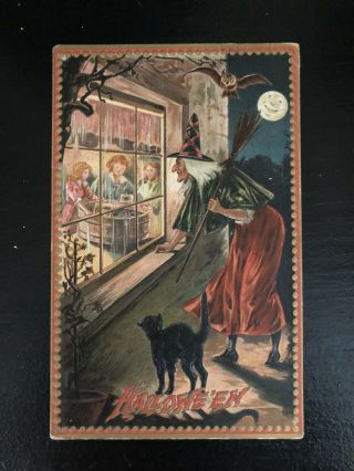 Vintage Tuck Halloween Postcard - Witch,  Black Cat,  Owl,  Moon 160