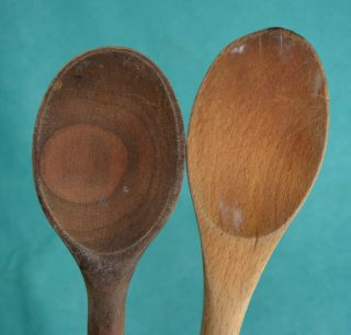 2 Vtg Carved Wooden Bowl Spoons Primitive Country Kitchen Wood Utensils