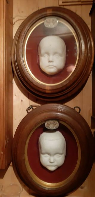 Unusual Antique Victorian Oak Framed Death Masks