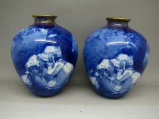 Royal Doulton Vases Blue And White Children Ware Girls & Tiny Witch Pair Antique