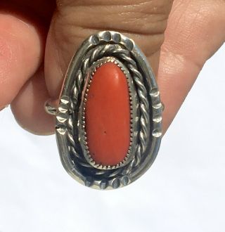 Vintage Navajo Native American Artisan Hand Made Ring,  Silver & Red Coral