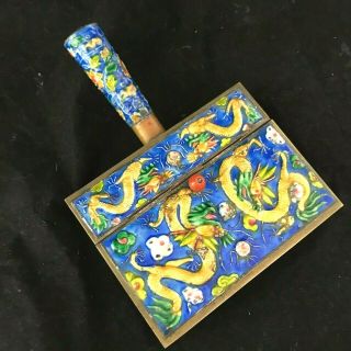 Vintage Chinese Cloisonne Enamel Dragon Silent Butler Crumb Tray Box Deep Blue