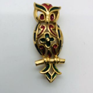 Vintage Figural Gold Tone Colorful Signed Trafari Owl Pin - Red Green Blue