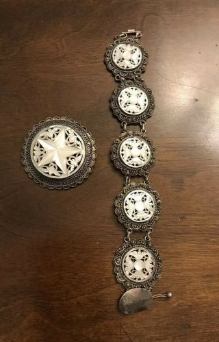Vintage Jerusalem Silver And Mother Of Pearl Brooch/pendant And Bracelet.