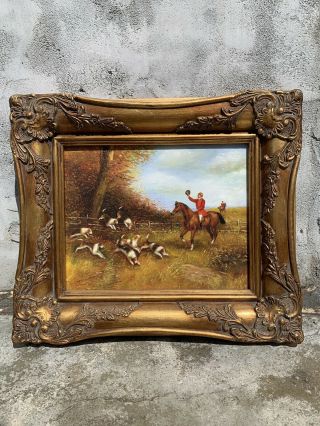 12”x14” Antique Style Framed Oil Painting Of Men Horses & Hunting Dogs