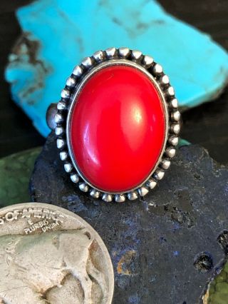 Vintage Native American Red Coral Sterling Silver Sun Ring 7 G Size 7