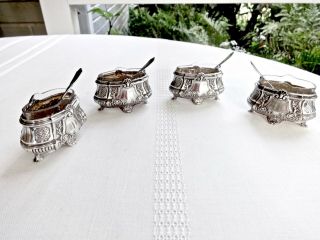 Set 4 Fancy Antique French Sterling 950 Silver Salt Cellars W/inserts & Spoons