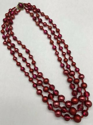 Vintage Signed Miriam Haskell 3 Strand Faux Red Pearl Glass Bead Necklace Wowza
