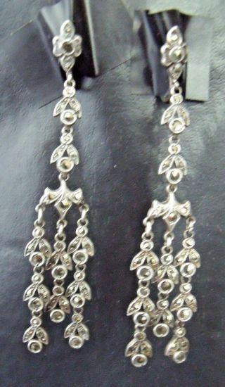 [sr] Vintage Sterling Silver And Marcasite Longines Clip - On Earrings 12 Gm