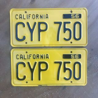 1956 California License Plate Pair Cyp 750 Yom Dmv Clear Ford Chevy Impala 1962