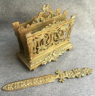 Antique French Louis Xvi Style Office Set Paper Knife Mail Holder Bronze 1890 