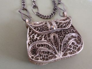 Vintage Asian Indian Silver Plated Filigree Purfume Purse Pendant Necklace