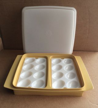 Tupperware Vintage Gold 723 Deviled Egg Container Frosted Lid Holds 16 Eggs Sa