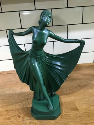 Art Deco Leonardi Green Figure Semi Nude Dancing Lady - Large 38cm High