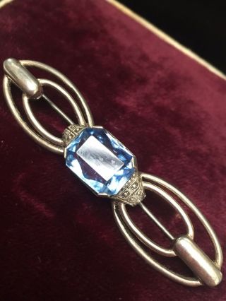 Vintage Jewellery Art Deco Solid Sterling Silver Blue Topaz Glass Bar Brooch/pin
