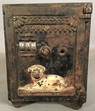 19thc Antique Cast Iron Safe Victorian Pug Dog & Bust Old Mechanical Still Bank
