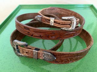 Set 2,  Vintage 1950’s Hand Tooled Leather Western Belts Sterling Buckles Womens