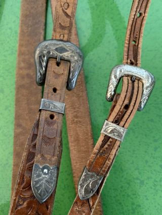 Set 2,  Vintage 1950’s Hand Tooled Leather Western Belts Sterling Buckles Womens 2