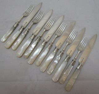 6 Pairs Antique Edwardian Sterling Silver Mop Dessert Knives & Forks,  385g