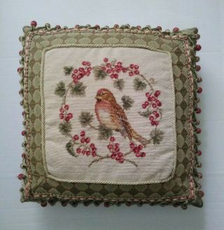 Vtg French Country Sparrow Bird Holiday Berries Tapestry Needlepoint Pillow