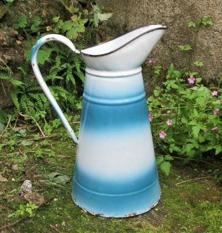 Vintage French Large Turquoise Enamel Water Pitcher Watertight Enamelware Jug