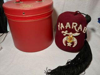 Vintage Masonic Shriners - Yaarab Fez Hat - Jeweled W/ Tassel W/ Case