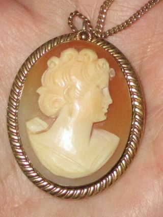 Wow Vintage Van Dell 1/20 14k Gf Cameo Pin Pendant Carved Shell Rope Edge