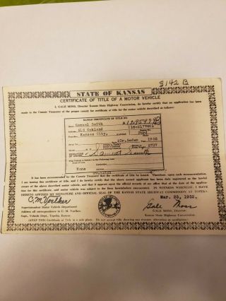1935 Ford Certificate Of Title State Of Kansas Historical Document