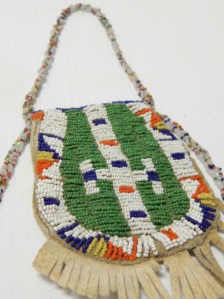 Antique Vintage Sioux Plains Indian Beaded 2 Sided Pouch Xlnt Cnd Sinew Beaded