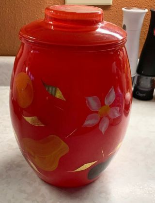 Vintage Bartlett Collins Glass Cookie Jar & Lid Red Hand Painted Fruit Flowers