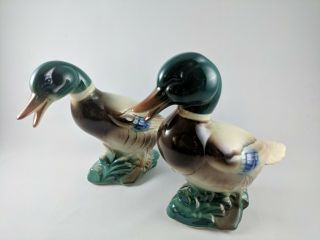 Pair 2 Vintage Ceramic Porcelain Mallard Duck Painted Decoy Figurines Japan