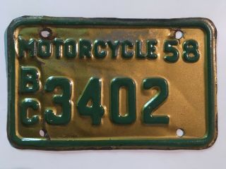 1958 British Columbia Motorcycle License Plate Canada Paint Has Gloss