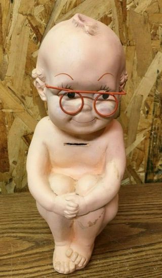 Vintage 1966 Chalkware Kewpie Doll W/ Glasses Coin Bank A N Brooks Corp Baby
