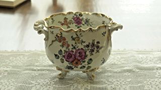 Vtg Hand Paint Floral White Porcelain Footed Jardiniere W/gold Accents,  Preown