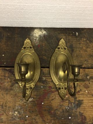 2 Vintage Brass Candle Holder Wall Sconce Oval Patina