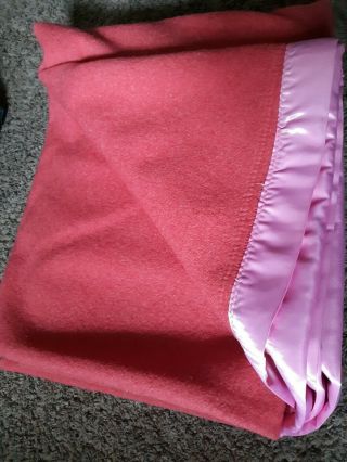 Vintage Wool Blanket Satin Binding Full Twin Pink Golden Dawn 62 X 82