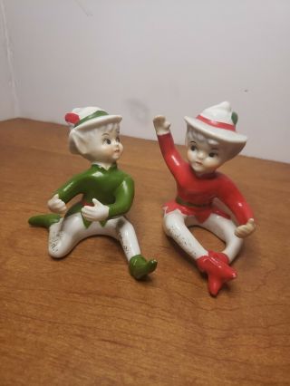 Vintage Pair Christmas Pixie Elves Ceramic Candle Huggers Japan