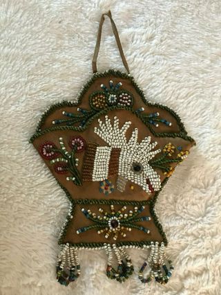 Antique Mohawk Or Iroquois Beaded Whimsy Broom Holder With A Moose 71/2 " H X 6 " W