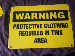 Vintage Porcelain Sign - Warning Protective Clothing Yellow Heavy Nos
