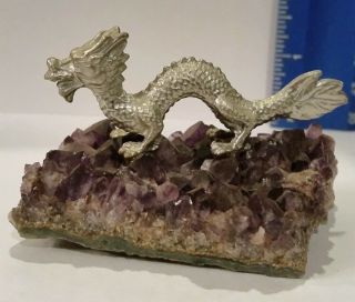 Vintage Long Dragon Pewter Figure On Amethyst Geode Base