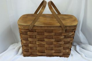 Vintage Basketville Putney Vermont Woven Wood Hinged Lid Picnic Basket