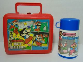 Vintage 1988 Nintendo Mario Bros.  Nes Plastic Lunchbox Rare Blue Thermos