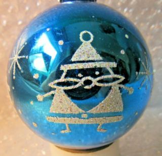 Vintage? Christmas Tree Ornament Blue W/ Glitters Mid Century Santa Claus Round
