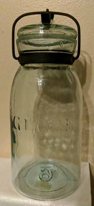 Globe 1886 Vintage Aqua Quart Fruit Jar W/original Glass Lid & Wire Bale Rb 1123