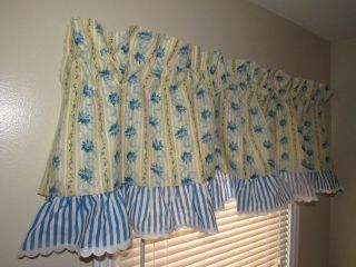 Yellow Valance With Blue Floral & Stripes By Sears Vintage Usa Shabby Chic 66x17